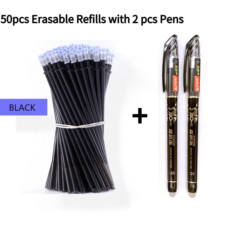 whatagift.com.au office accessories 2+50Pcs/Set 0.5Mm Blue Black Ink Erasable Refill Rod Writing Stationery Gel Ink Pen
