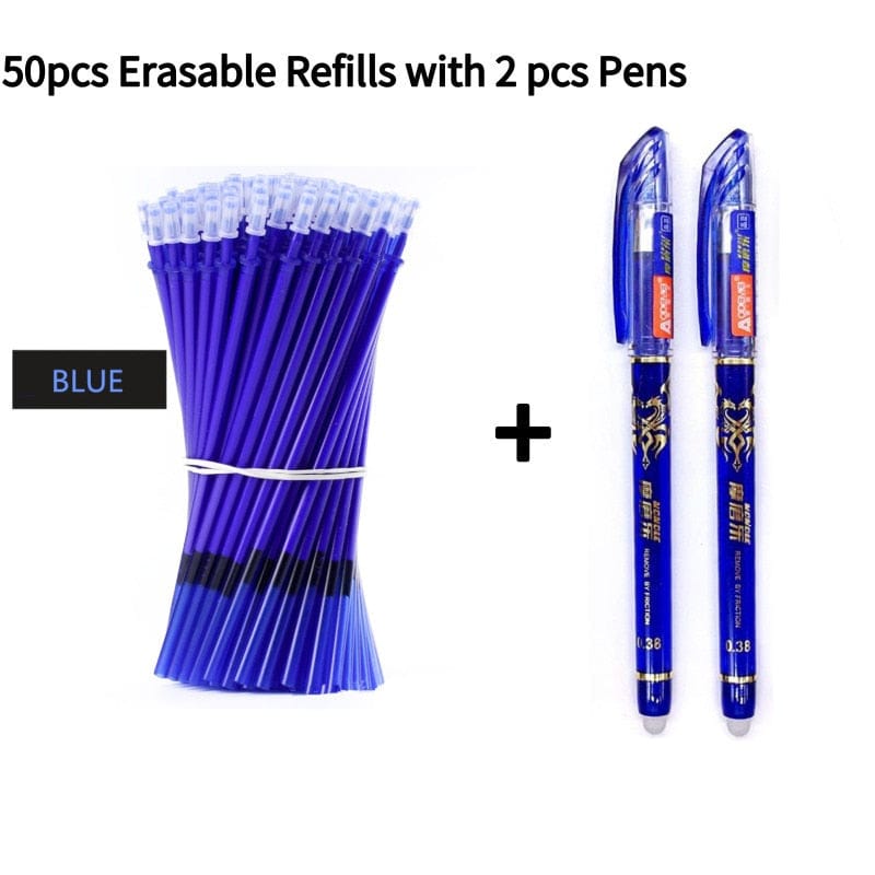 whatagift.com.au office accessories 2+50Pcs/Set 0.5Mm Blue Black Ink Erasable Refill Rod Writing Stationery Gel Ink Pen