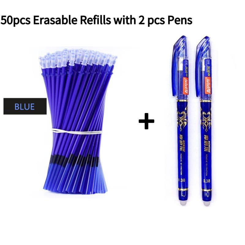 whatagift.com.au office accessories Blue 2+50Pcs/Set 0.5Mm Blue Black Ink Erasable Refill Rod Writing Stationery Gel Ink Pen