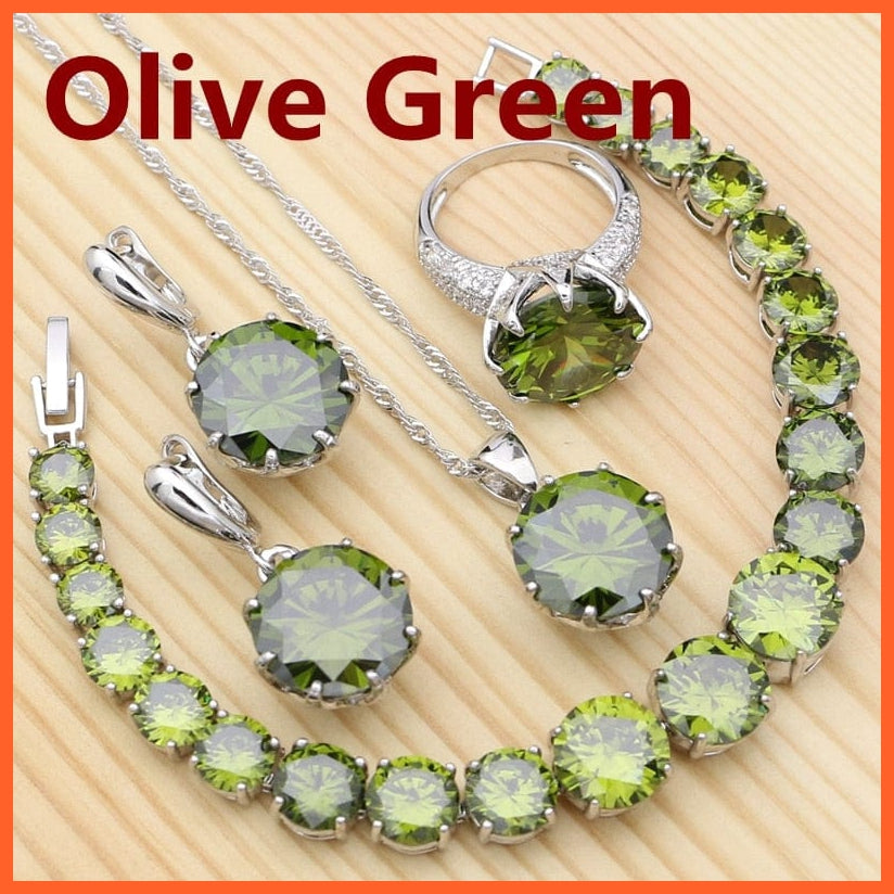 whatagift.com.au Olive Green / 6 Olive Green 925 Silver Jewelry Sets For Women | Crystal Ring Bracelet Necklace Pendant Earrings