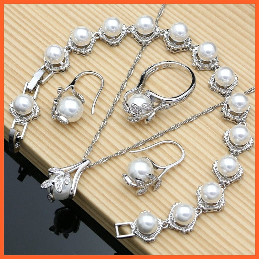whatagift.com.au Pearl 925 Silver Jewelry Sets | Pearl Bracelet Open Ring Necklaces Earrings Set For Valentines Day Mothers Day Women Day