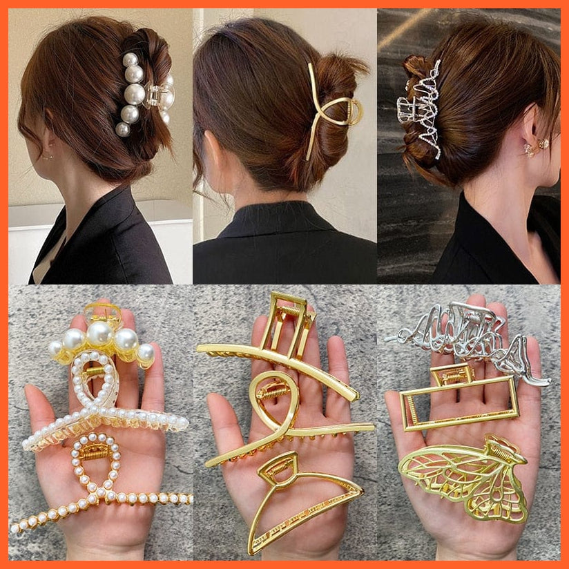 whatagift.com.au Pearl Hair Claw Clip Set  for Women | Gold Color Metal Hairpins | Geometric Hollow Pincer Barrette Crystal Clip