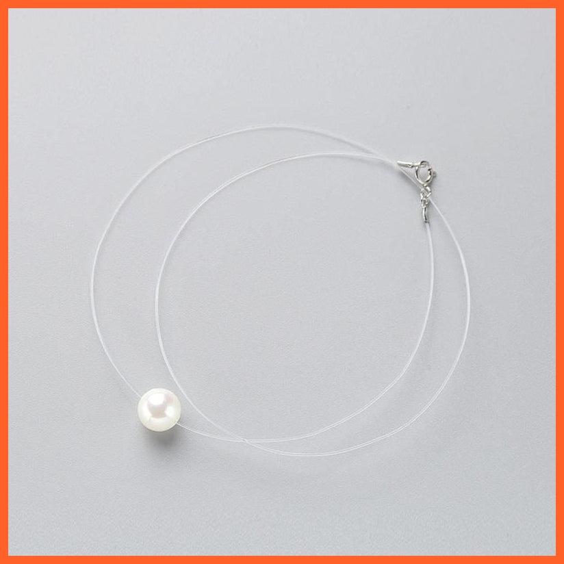 whatagift.com.au Pearl Silver Zircon Crystal Pearl Pendant Choker Necklace With Transparent Fishing Line