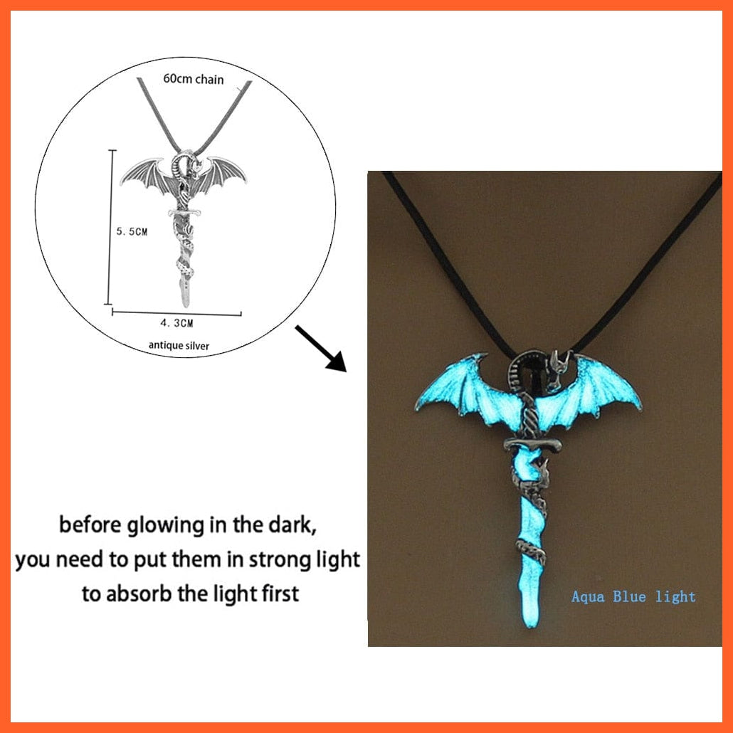whatagift.com.au Pendant Necklace Dragon Luminous Dragon Glowing Fluorescence Antique Silver Glow In The Dark Necklace