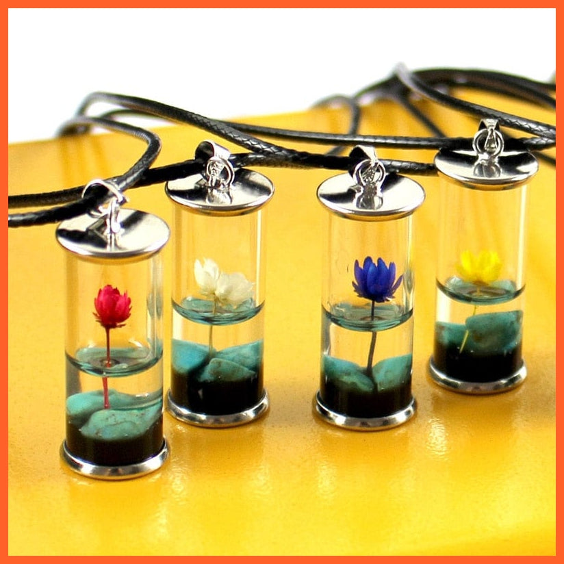 whatagift.com.au Pendant Necklace Glass Wish Bottle Dried Lotus Flower Necklace with Wax Rope Chain for Women