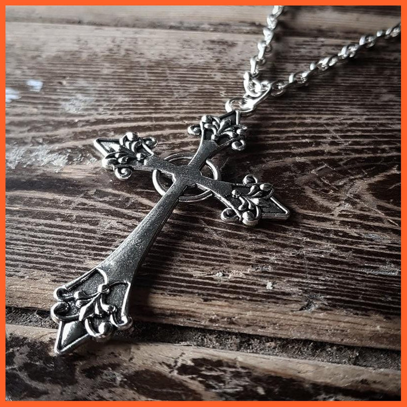 whatagift.com.au Pendant Necklace Large Detailed Cross Drill Silver Gothic Punk Jewellery Charm Pendant Necklace Statement