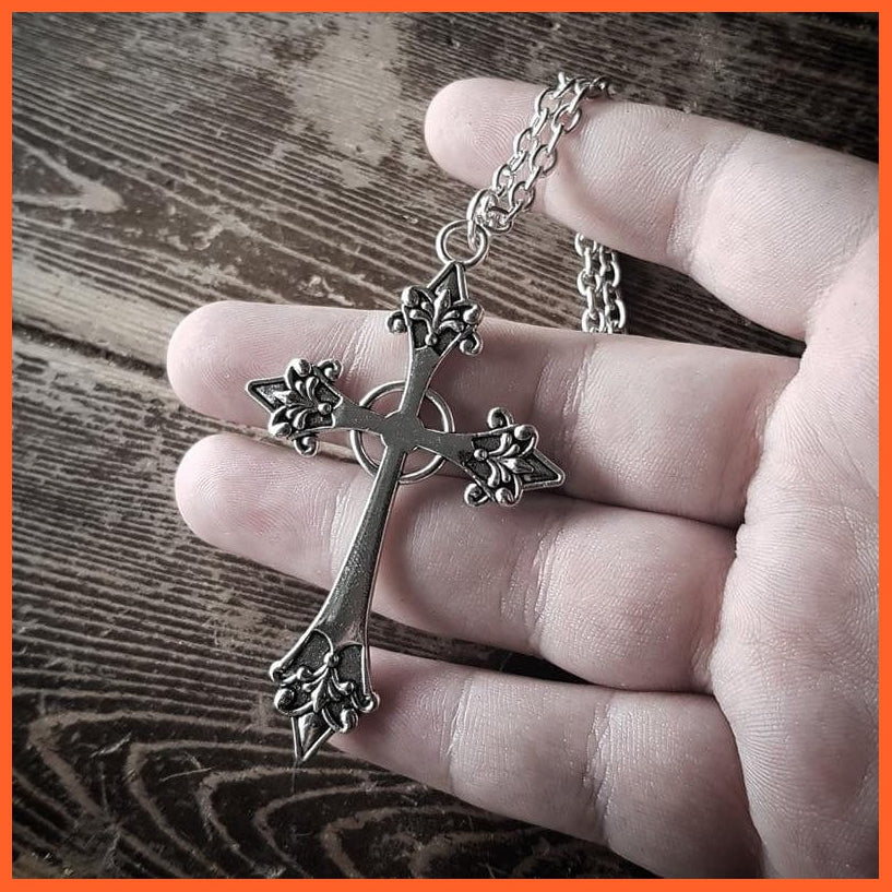 whatagift.com.au Pendant Necklace Silver Plated / 70cm Large Detailed Cross Drill Silver Gothic Punk Jewellery Charm Pendant Necklace Statement