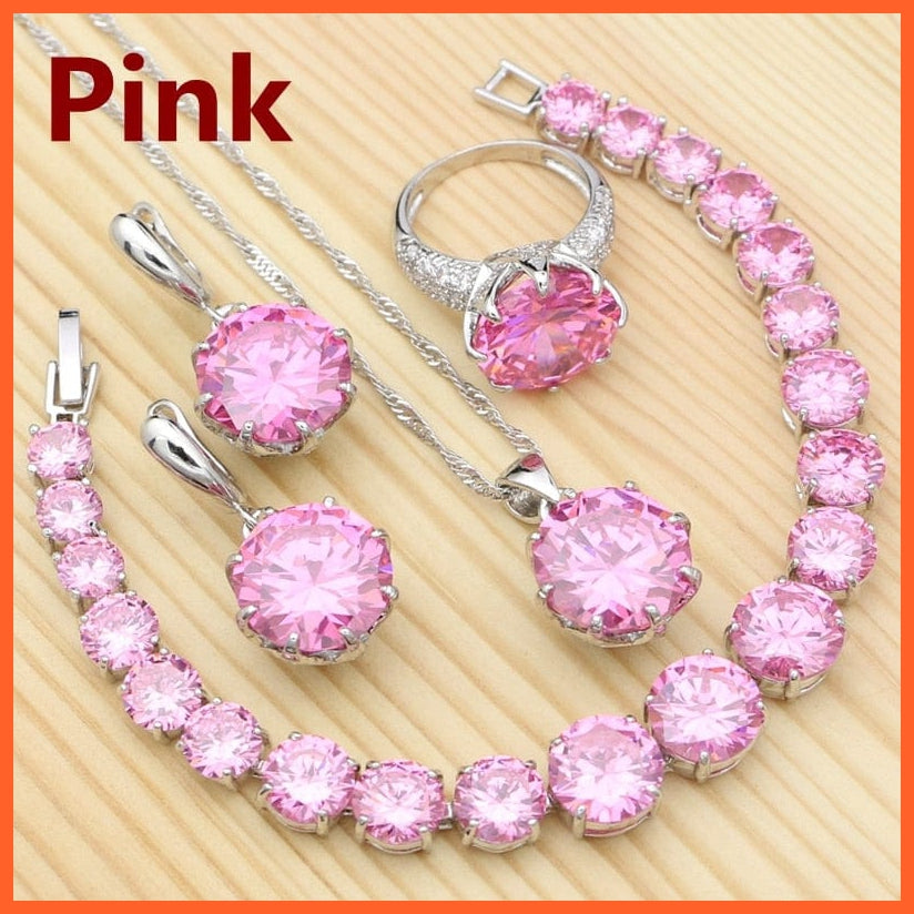 whatagift.com.au Pink / 6 Olive Green 925 Silver Jewelry Sets For Women | Crystal Ring Bracelet Necklace Pendant Earrings