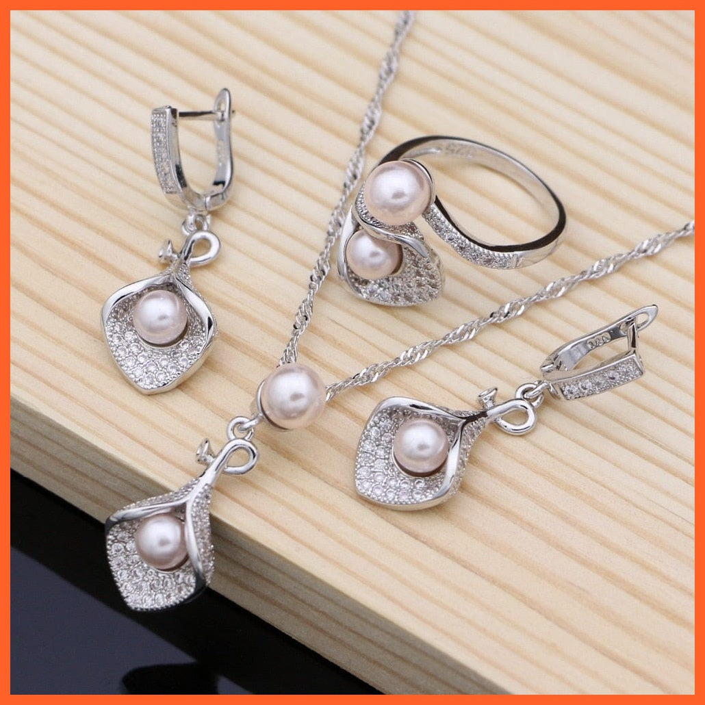 whatagift.com.au Pink / Resizable White Pearl 925 Silver Jewelry Sets  | Pendant Drop Earrings Open Rings For Women