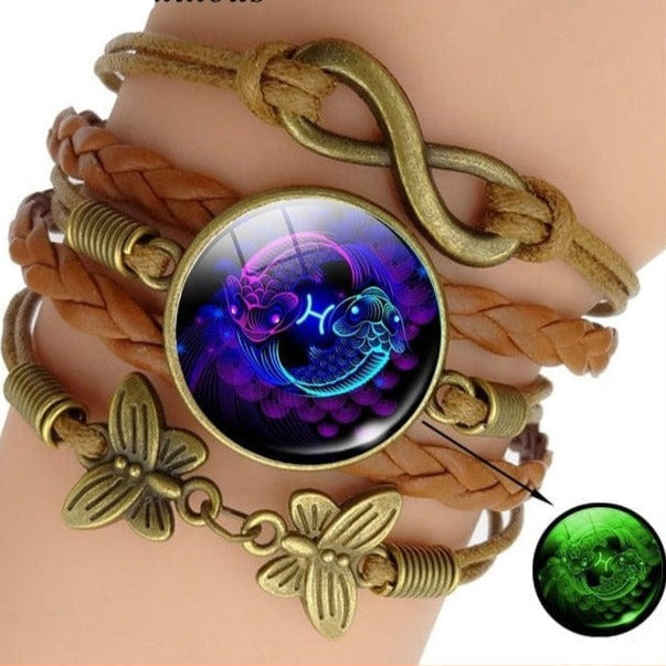 whatagift.com.au Pisces Luminous 12 Zodiac Sign Woven Leather Bracelet
