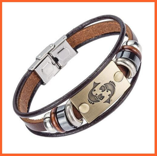whatagift.com.au Pisces Unisex Stainless Steel 12 Zodiac Signs Genuine Leather Bracelet