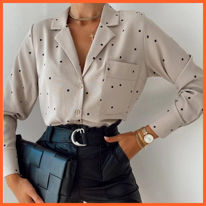 whatagift.com.au Pocket Long Sleeve Turn Down Collar Women Blouse Office Lady Polka Dot Cotton Casual Shirts 2021 New Spring