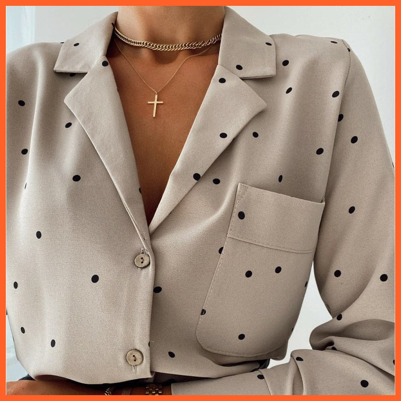 whatagift.com.au Pocket Long Sleeve Turn Down Collar Women Blouse Office Lady Polka Dot Cotton Casual Shirts 2021 New Spring