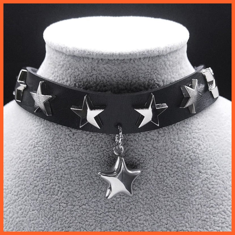 whatagift.uk PU Leather Stainless Steel Black Chocker Pendant Necklaces