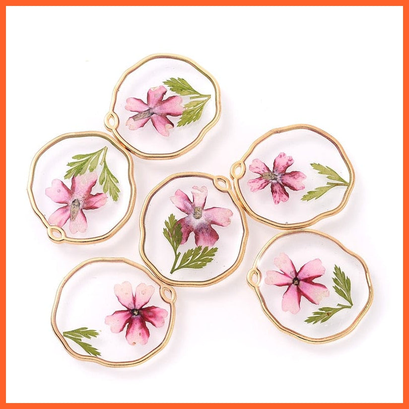 whatagift.com.au purple 4Pcs Flat Round Resin Acrylic Dried Petal Flower Charm Pendants