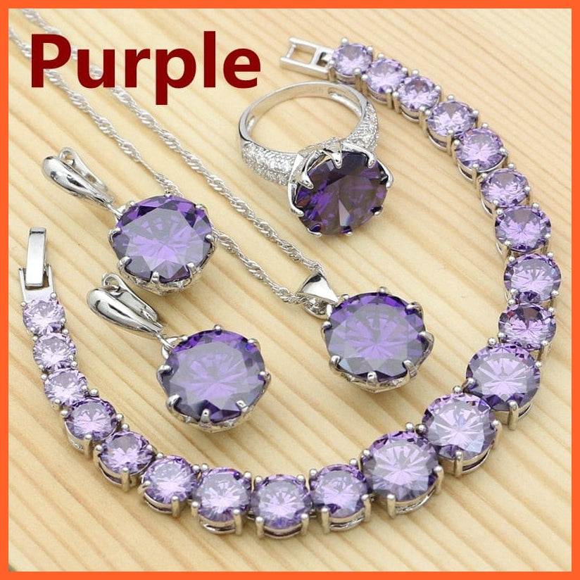 whatagift.com.au Purple / 6 Olive Green 925 Silver Jewelry Sets For Women | Crystal Ring Bracelet Necklace Pendant Earrings