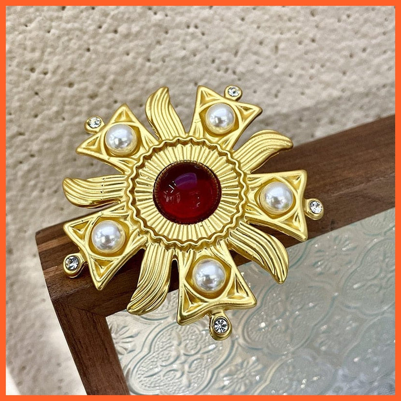 whatagift.com.au Red Vintage Sun Flower Rhinestone Pearl Brooches Pins For Women