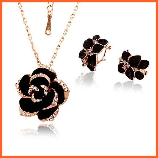 whatagift.com.au rose gold black 2 Black Color Rose Gold Rose Flower Enamel Jewelry Set  for Women