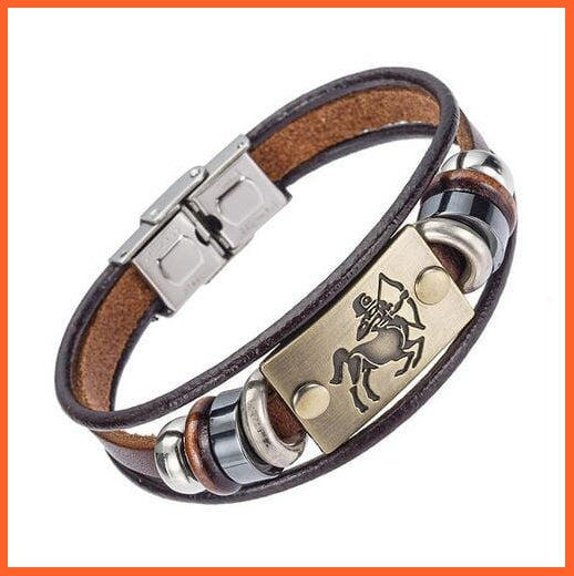 whatagift.com.au Sagittarius Unisex Stainless Steel 12 Zodiac Signs Genuine Leather Bracelet