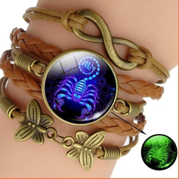 whatagift.com.au Scorpio Luminous 12 Zodiac Sign Woven Leather Bracelet