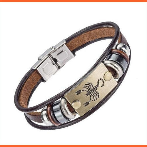 whatagift.com.au Scorpio Unisex Stainless Steel 12 Zodiac Signs Genuine Leather Bracelet