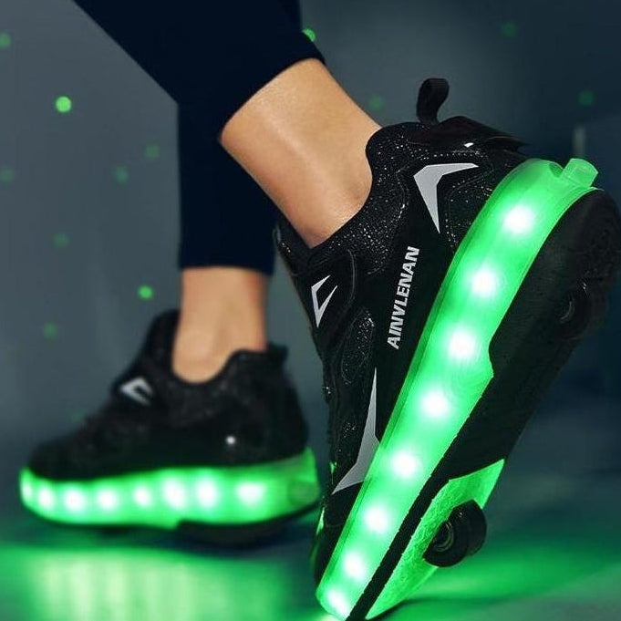 Children Two Wheels Luminous Glowing Sneakers Black - Led Light Roller Skate Shoes For Kids | whatagift.com.au.