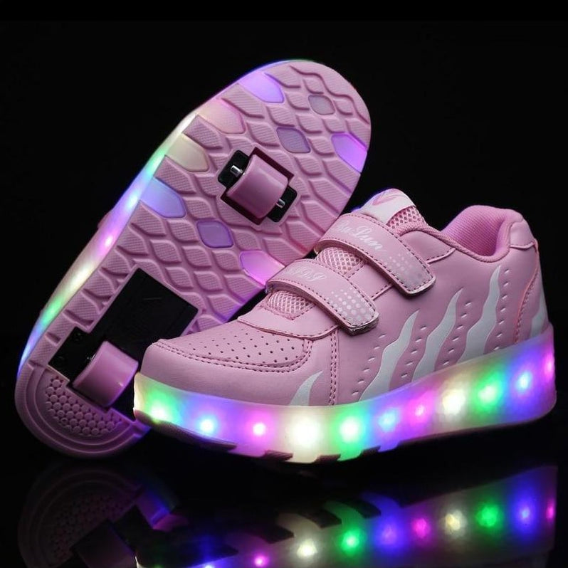 Led Pink Stripes Roller Shoes With Two Wheels | Luminous Light Shoes Usb Charging | whatagift.com.au.