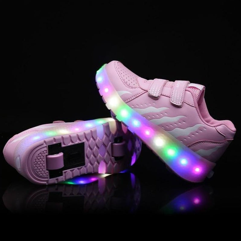 Led Pink Stripes Roller Shoes With Two Wheels | Luminous Light Shoes Usb Charging | whatagift.com.au.