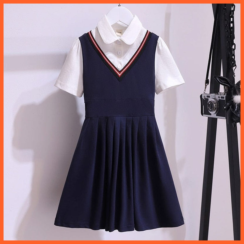 whatagift.com.au Shortsleeve-Navy / 4T Girls School Style Autumn Dresses | Cotton Long Sleeve Elastic Clothes Kids Fake Two Patchwork Costume