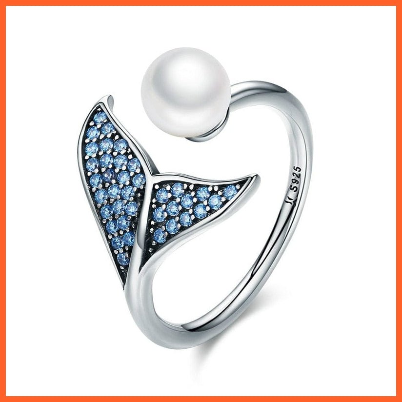 whatagift.com.au Silver 925 Sterling Silver Blue CZ Dolphin Tail Opening Finger Ring | Shell Pearl Adjustable Ring for Women