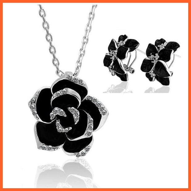 whatagift.com.au silver black 2 Black Color Rose Gold Rose Flower Enamel Jewelry Set  for Women