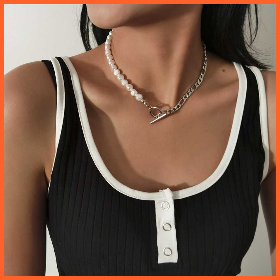 whatagift.com.au Silver Color 1 Baroque Pearl Chain Women Necklace | Punk Toggle Clasp Circle Lariat Bead Choker Necklaces