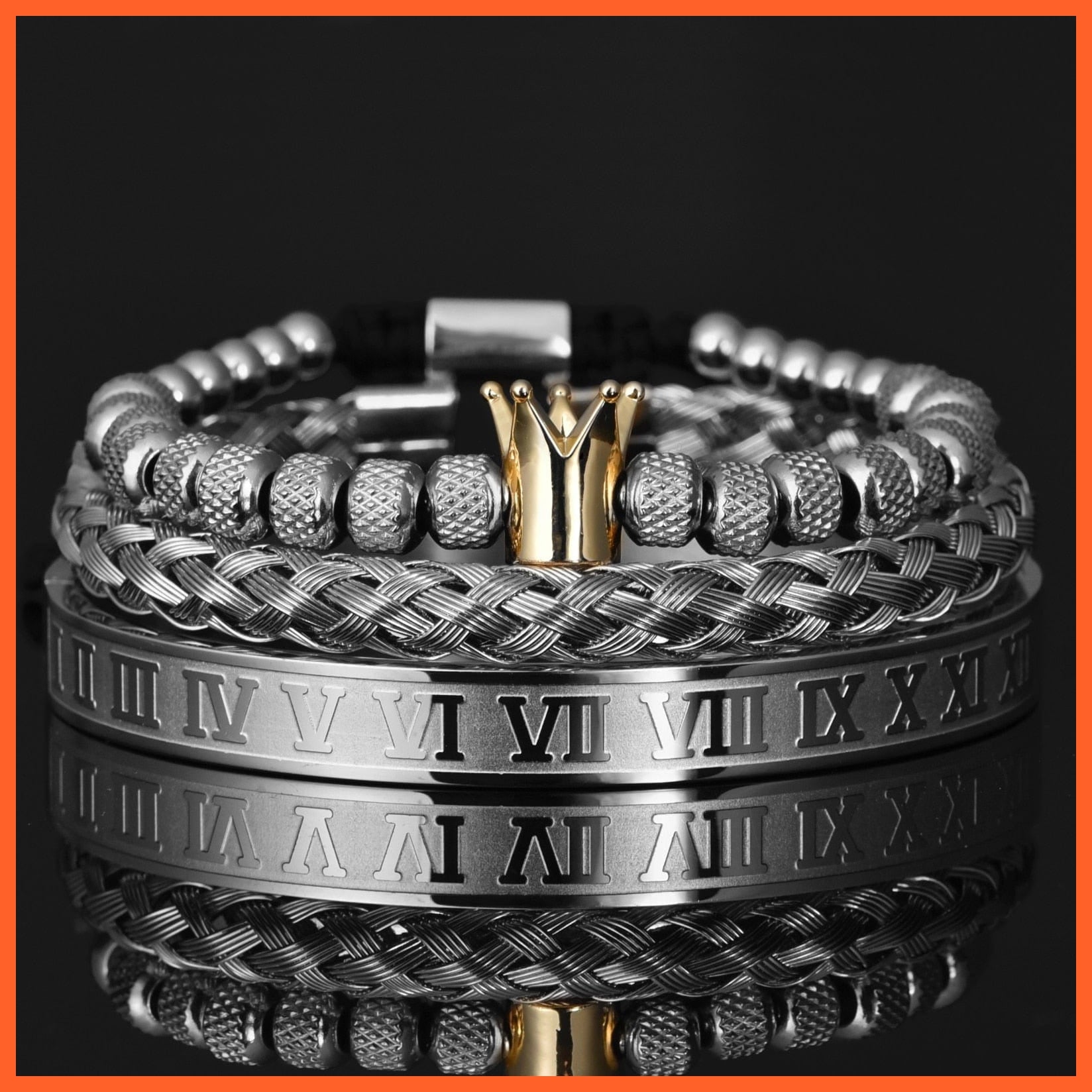 whatagift.com.au Silver Set GoldCrown Luxury Roman Royal Crown Charm Bracelet For Men | Stainless Steel Geometry  Open Adjustable Bracelets