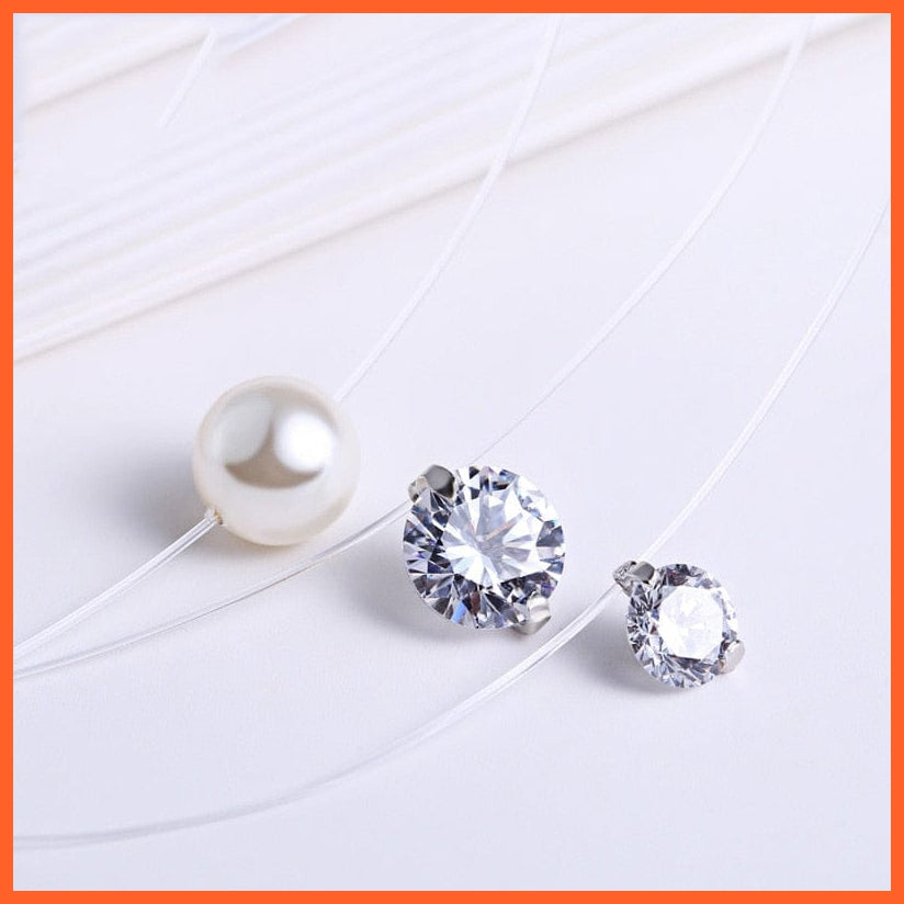 whatagift.com.au Silver Zircon Crystal Pearl Pendant Choker Necklace With Transparent Fishing Line