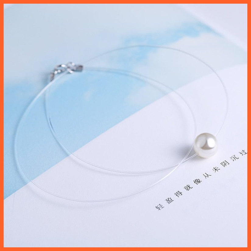 whatagift.com.au Silver Zircon Crystal Pearl Pendant Choker Necklace With Transparent Fishing Line