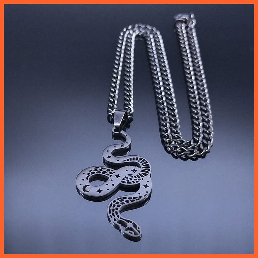 whatagift.uk Stainless Steel Black Snake Pendant Hollow Necklaces