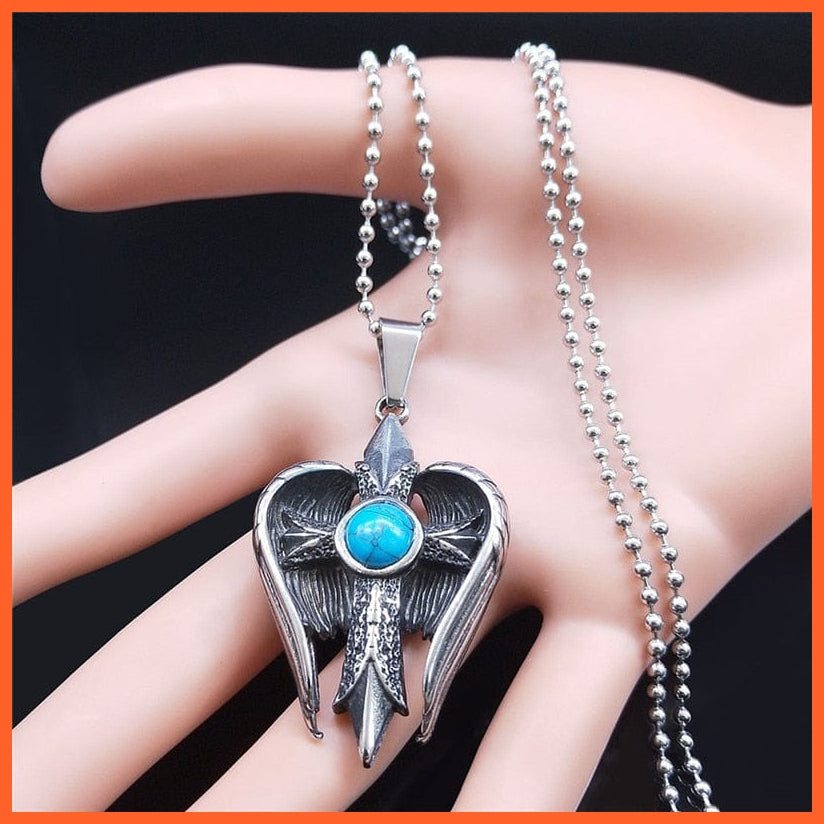 whatagift.uk Stainless Steel Blue Stone Cross Wings Necklace