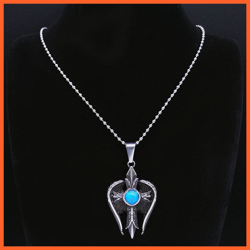 whatagift.uk Stainless Steel Blue Stone Cross Wings Necklace