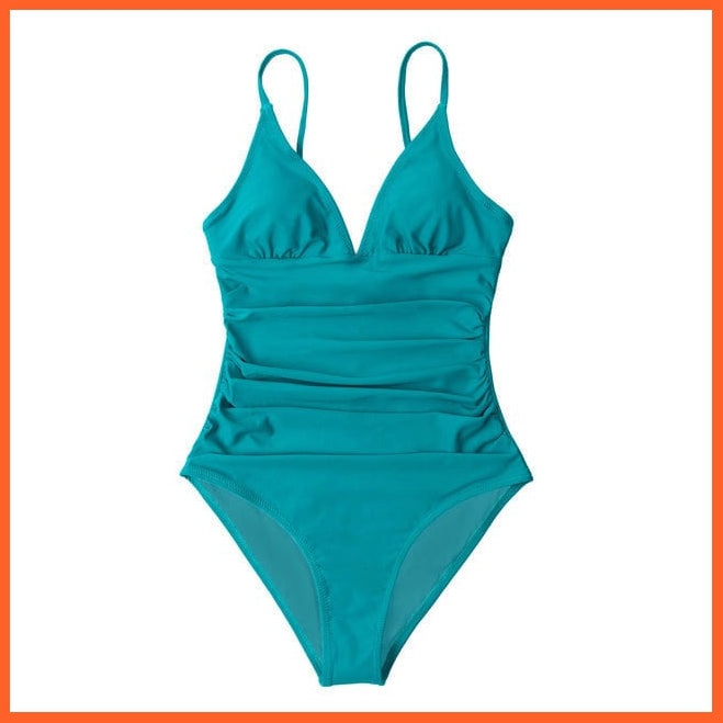 whatagift.com.au Swimsuit Women 321-140041N / L / China Burgundy Deep V-neck Shirring One-piece Removable Bra Plain Monokinis Swimsuit