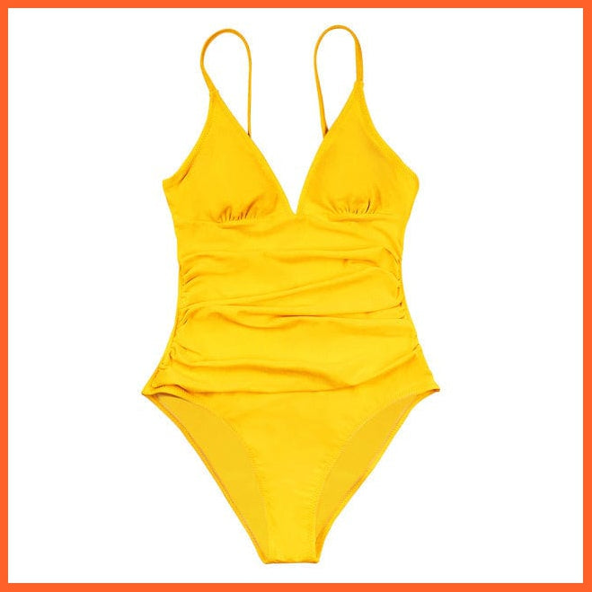 whatagift.com.au Swimsuit Women 321-140041Y / XS / China Burgundy Deep V-neck Shirring One-piece Removable Bra Plain Monokinis Swimsuit
