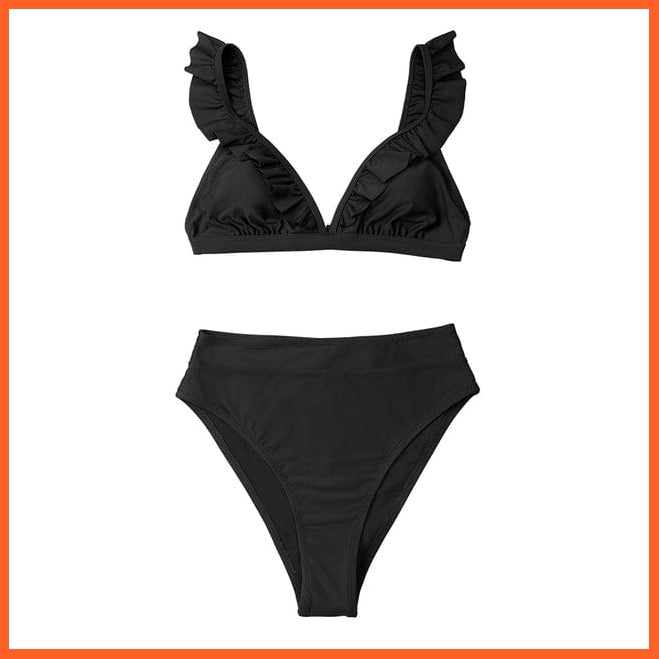 whatagift.com.au Swimsuit Women 321-250001B / XL Women Sexy Solid Brown Two Piece V-neck Ruffled High-waist Bikini Sets Swimsuit