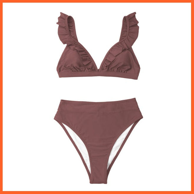 whatagift.com.au Swimsuit Women 321-250001F / XXL Women Sexy Solid Brown Two Piece V-neck Ruffled High-waist Bikini Sets Swimsuit