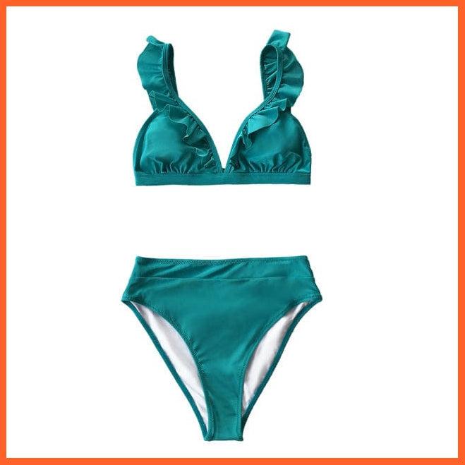 whatagift.com.au Swimsuit Women 321-250001G / M Women Sexy Solid Brown Two Piece V-neck Ruffled High-waist Bikini Sets Swimsuit