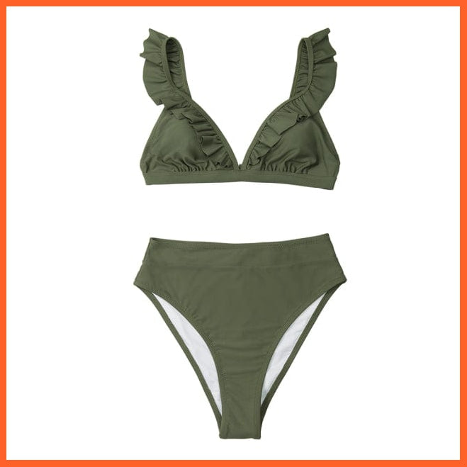 whatagift.com.au Swimsuit Women 321-250001H / XL Women Sexy Solid Brown Two Piece V-neck Ruffled High-waist Bikini Sets Swimsuit