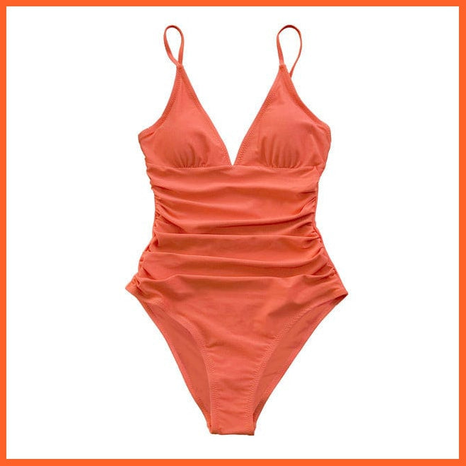 whatagift.com.au Swimsuit Women AB10426O / M / China Burgundy Deep V-neck Shirring One-piece Removable Bra Plain Monokinis Swimsuit