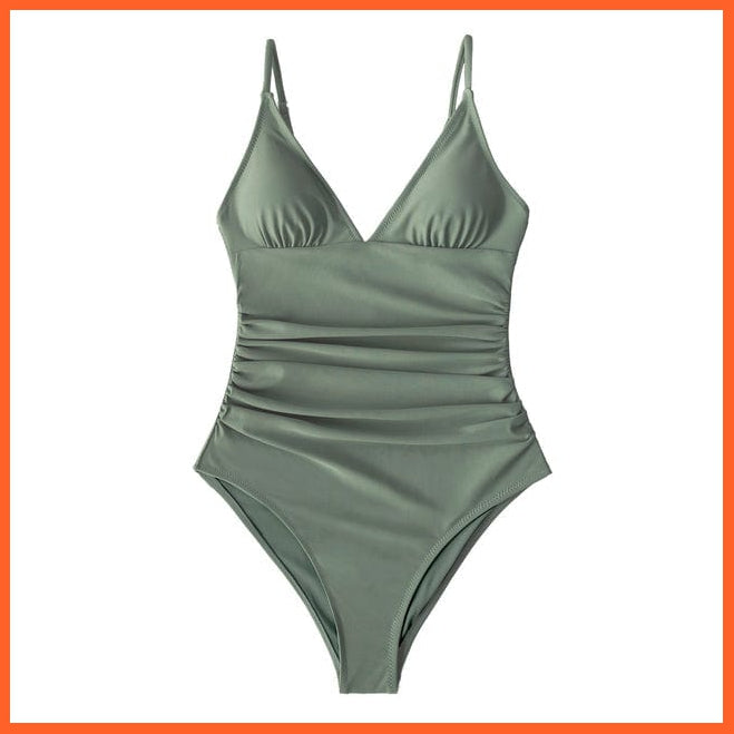 whatagift.com.au Swimsuit Women ADI4009A / XS / China Burgundy Deep V-neck Shirring One-piece Removable Bra Plain Monokinis Swimsuit