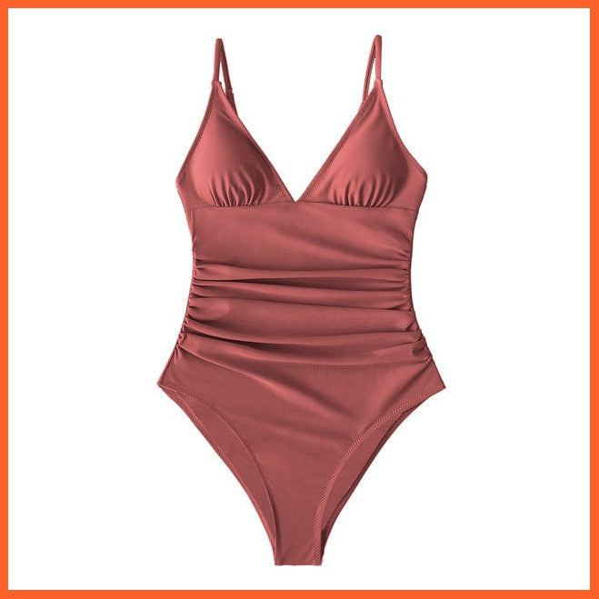 whatagift.com.au Swimsuit Women ASL9035RW / M / China Burgundy Deep V-neck Shirring One-piece Removable Bra Plain Monokinis Swimsuit