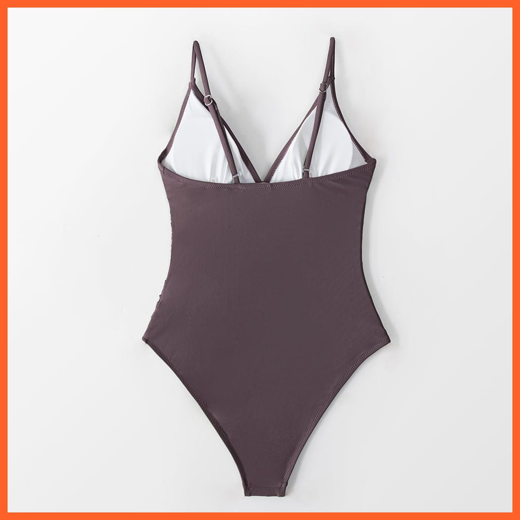 whatagift.com.au Swimsuit Women Burgundy Deep V-neck Shirring One-piece Removable Bra Plain Monokinis Swimsuit