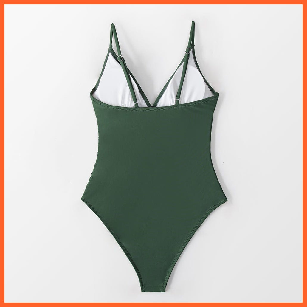 whatagift.com.au Swimsuit Women Burgundy Deep V-neck Shirring One-piece Removable Bra Plain Monokinis Swimsuit
