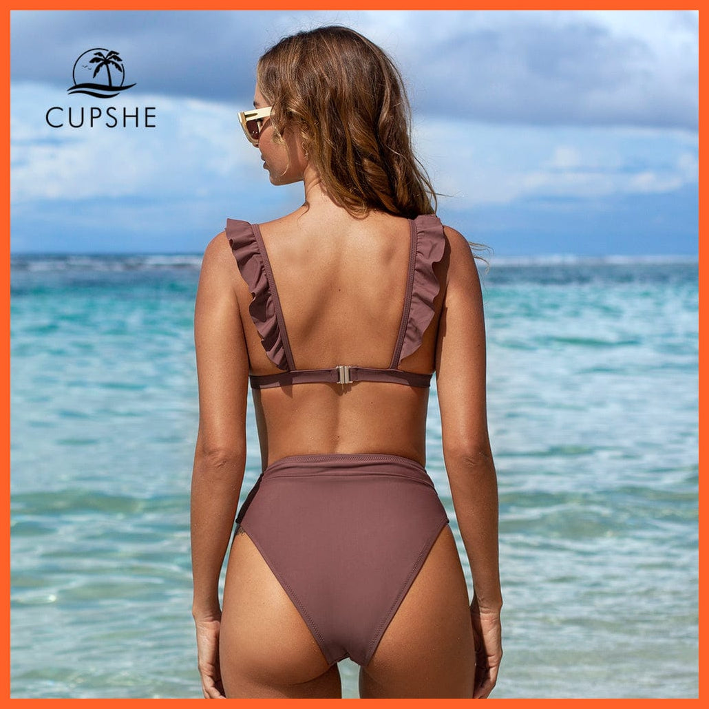 whatagift.com.au Swimsuit Women Women Sexy Solid Brown Two Piece V-neck Ruffled High-waist Bikini Sets Swimsuit
